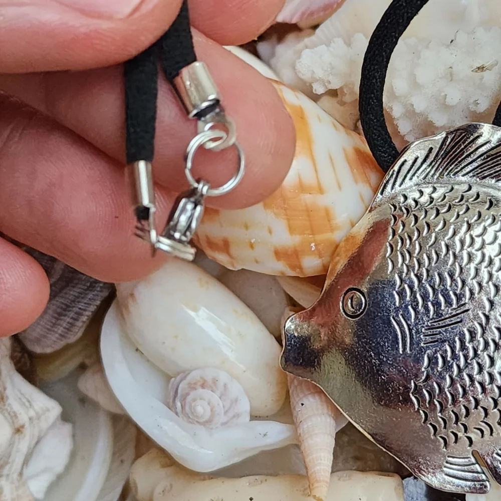 ❤️ Silver Pendant Ocean Fish Soft Black Cord Necklace Boho Mermaid Jewelry